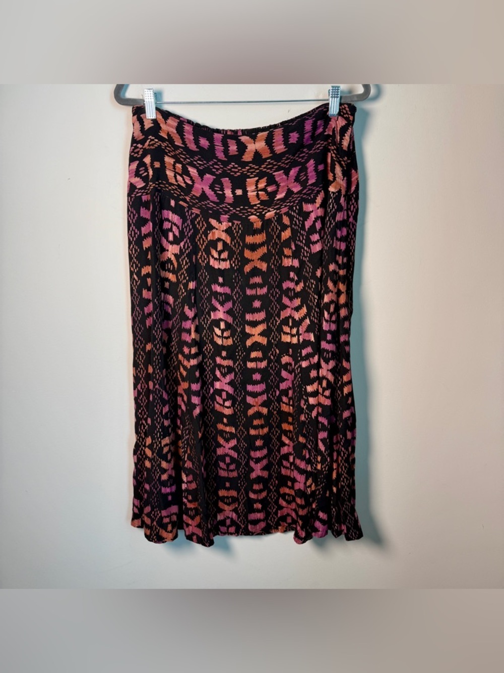 Oceania Vintage Block Print Ikat Midi Skirt Black Pink Orange Boho 90s Rayon - L